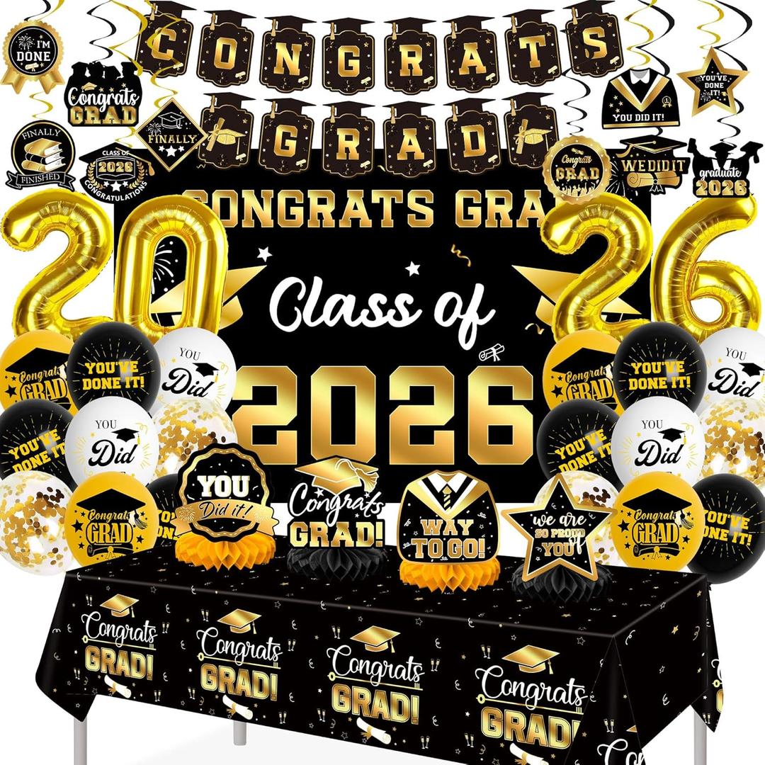 DMIGHT Graduation Decorations 2026, Class of 2026 Backdrop, Banner, 2026 Foil Balloons, Tablecloth, Hanging Swirls, Honeycomb Centerpieces, Party Supplies Decorations Set for College (Black and Gold)
