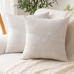 ZSkogur Decorative Throw Pillow Covers 20x20 Inch Set of 2 for Boho Living Room Farmhouse Home Decor, Spring Pillow Covers for Couch Bed, Soft Corduroy Striped Patchwork Cushion Cases, Cream White