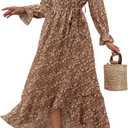 BTFBM Womens Dresses Spring Clothes 2026 V Neck Floral High Waist Ruffle Wedding Guest Cocktail Boho Long Sleeve Dress (Small)