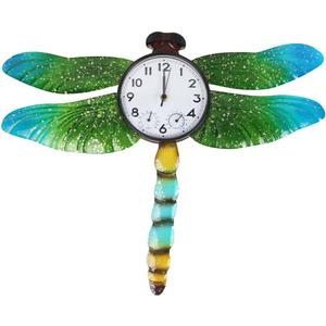 Unique Outdoor Clock Silent None-Ticking, Outdoor Wall Clock with Thermometer & Humidity, Waterproof Outside Clock for Patio, Living Room, Kitchen (Green Dragonfly)