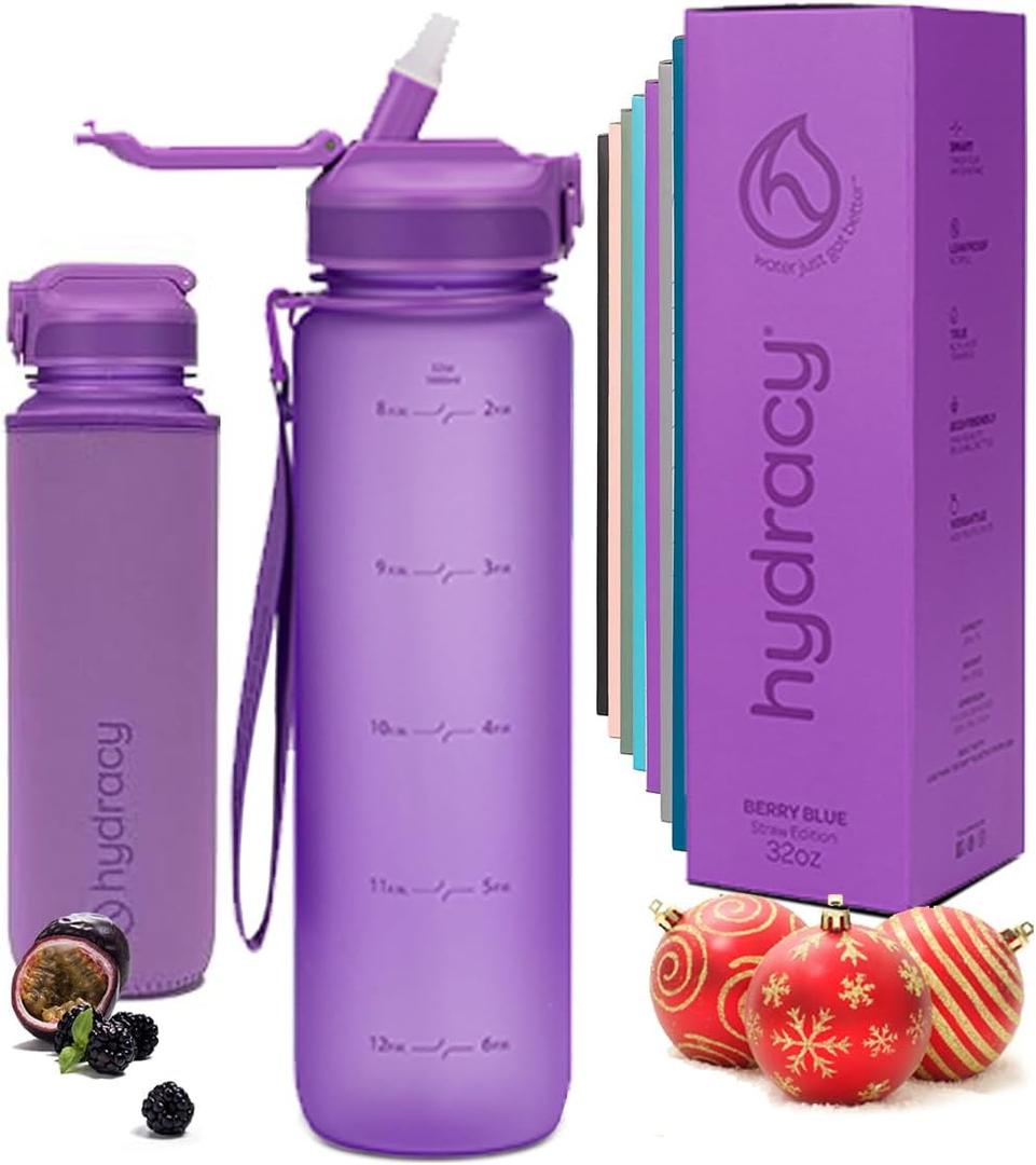 Hydracy Water Bottle with Time Marker -Large BPA Free Water Bottle & No Sweat Sleeve -Leak Proof Gym Bottle with Fruit Infuser Strainer & Times to Drink -Ideal for Fitness Sports & Outdoors (Berry Blue)