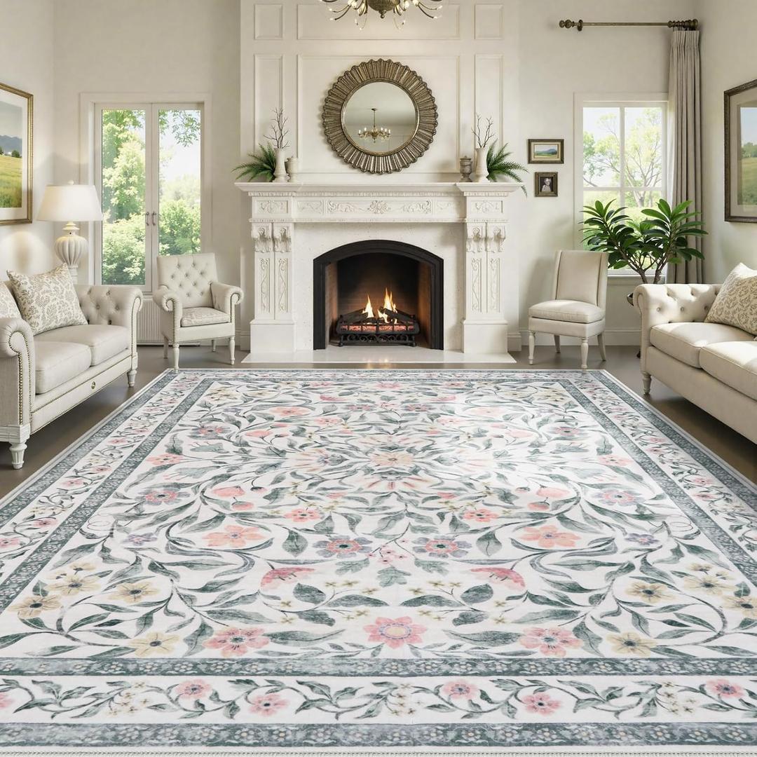 Collive 8x10 Area Rugs for Living Room, Floral Machine Washable Large Rug, Soft Low Pile Non Slip Indoor Carpet for Girls Bedroom Playroom Nursery Dining Room Office, Grey (8' x 10' (Rectangular))