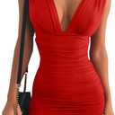 GOBLES Women's Sexy Bodycon Sleeveless Ruched Party Mini Cocktail Dress (Red) Small