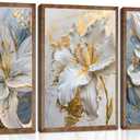 3Pcs Abstract Golden White Flower Wall Art Boho Gold Foil Blossom Canvas Oil Painting 2D Plane Textured Floral Wall Decor Nordic lily Posters Prints for Living Room Bedroom Office Pictures Unframed