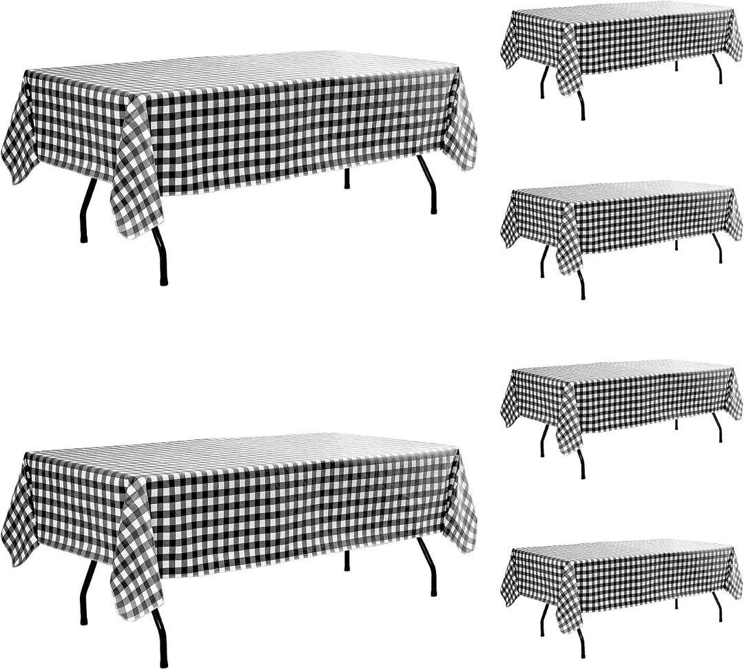 Vinyl Tablecloth with Flannel Backing-6 Pack Black & White 60x120 Inch Waterproof Plastic Table Cloth-Wipeable Heavy Duty Oilcloth Rectangle 8 Foot Protector for Picnic Party Camping Dining