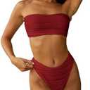 ZAFUL Women Strapless Textured Bandeau Bikini 2 Piece Swimwear Cheeky Solid Lace up Bathing Suits L