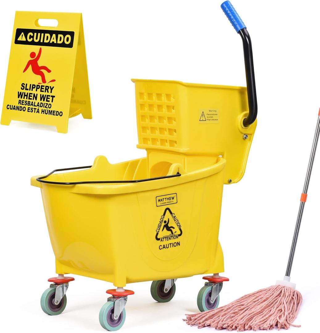Matthew Cleaning 34 Quart Commercial Mop Bucket INCL.Wet String Mop with Side Press Wringer On Wheels,Heavy Duty Tandem Portable Floor Cleaning Wavebrake,Ideal for Household,Industrial,Restaurant (Yellow)