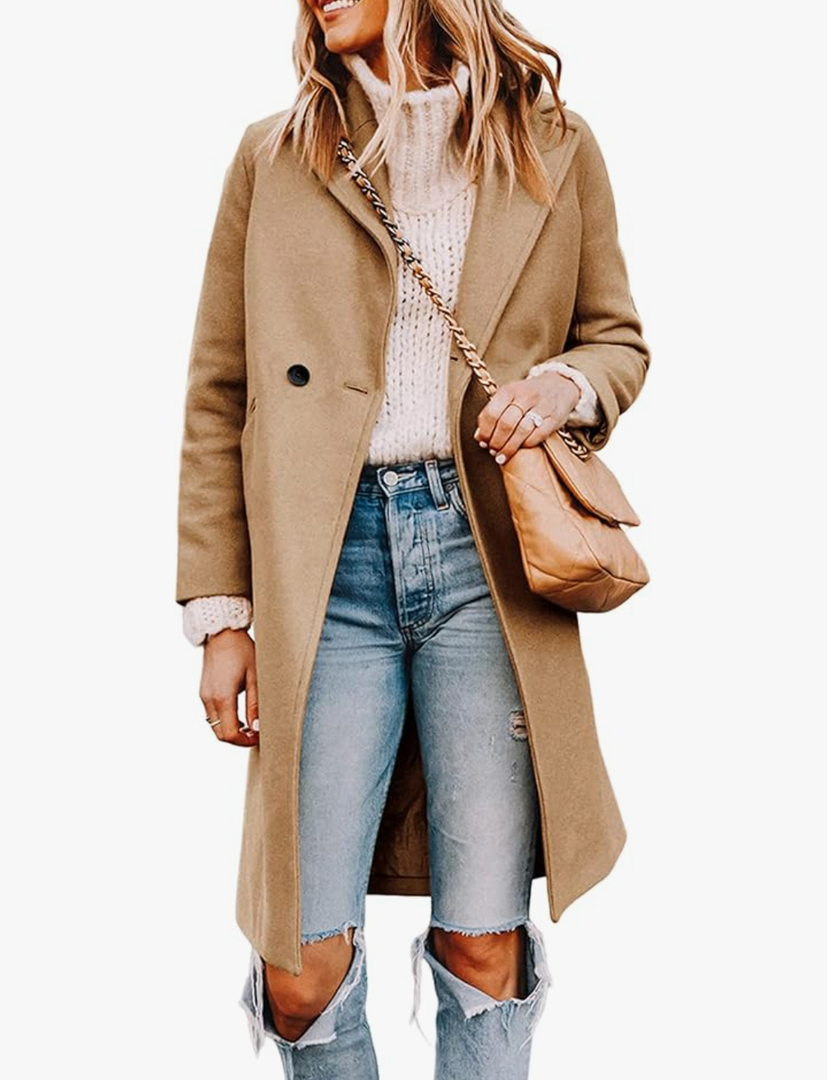 Women's Notch Lapel Double Breasted Wool Blend Mid Long Pea Trench Coat, Beige, S