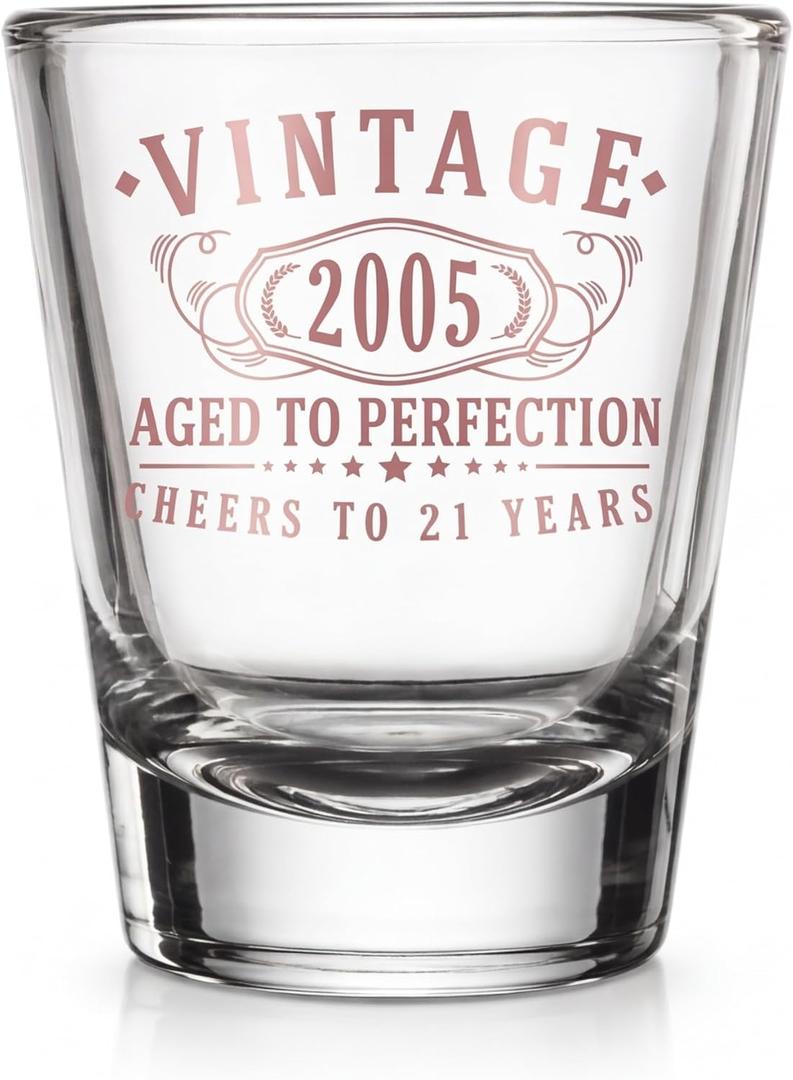 Vintage 2005 Rose Gold Printed 1pk Shot Glass 1.75oz - Happy 21st Birthday Gifts Women Men, Cheers to 21 Years, Turning 21 Party Favors Woman Decorations Decor, Anniversary Bday, 1.0