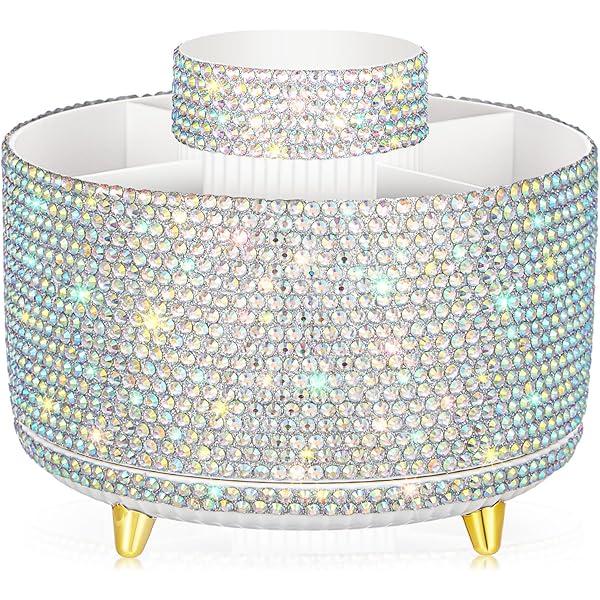 Silver Bling Desk Organizer for Office Accessories Women Girls Birthday Mother's Day Gift Bling Pen Holder Rhinestone Makeup Brush Holder Diamond Skincare Organizer (White)