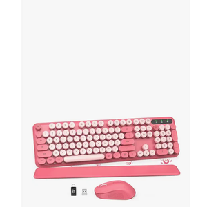 Wireless Keyboard and Mouse Combo  Round Keycaps, FullSize Retro Typewriter Keyboard with Detachable Wrist Rest, Sleep Mode & Tilt Legs, 2.4GHz Cordless Connection for Mac/Windows/PC (Hot Pink)