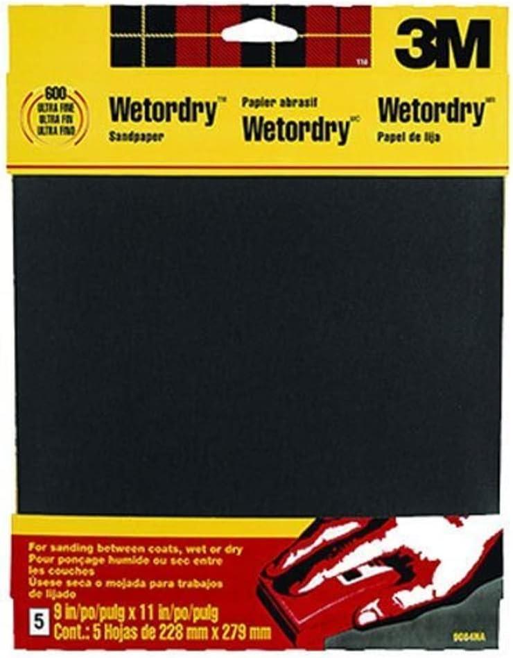 3M Wetordry Sandpaper, 5 Sheets, 9 in x 11 in, 320 Grit, Extra Fine, Use for Wet and Dry Sanding, For Sanding Between Coats of Varnish, Lacquer, Paint & Other Finishes, Waterproof Paper (9086DC-NA)