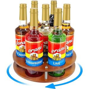 SHILFID Rotating Coffee Syrup Organizer Rack,Syrup Bottle Stand Holder for Coffee Syrup Station,7 Bottles Storage Display Turntable Tray&Lazy Susan for Syrup,Liquor Wine in Kitchen Countertop (Brown)