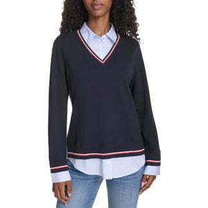 Tommy Hilfiger Womens Long Sleeve Button Up Collared Twofer Sweater (X-Small, Sky Captain Multi)