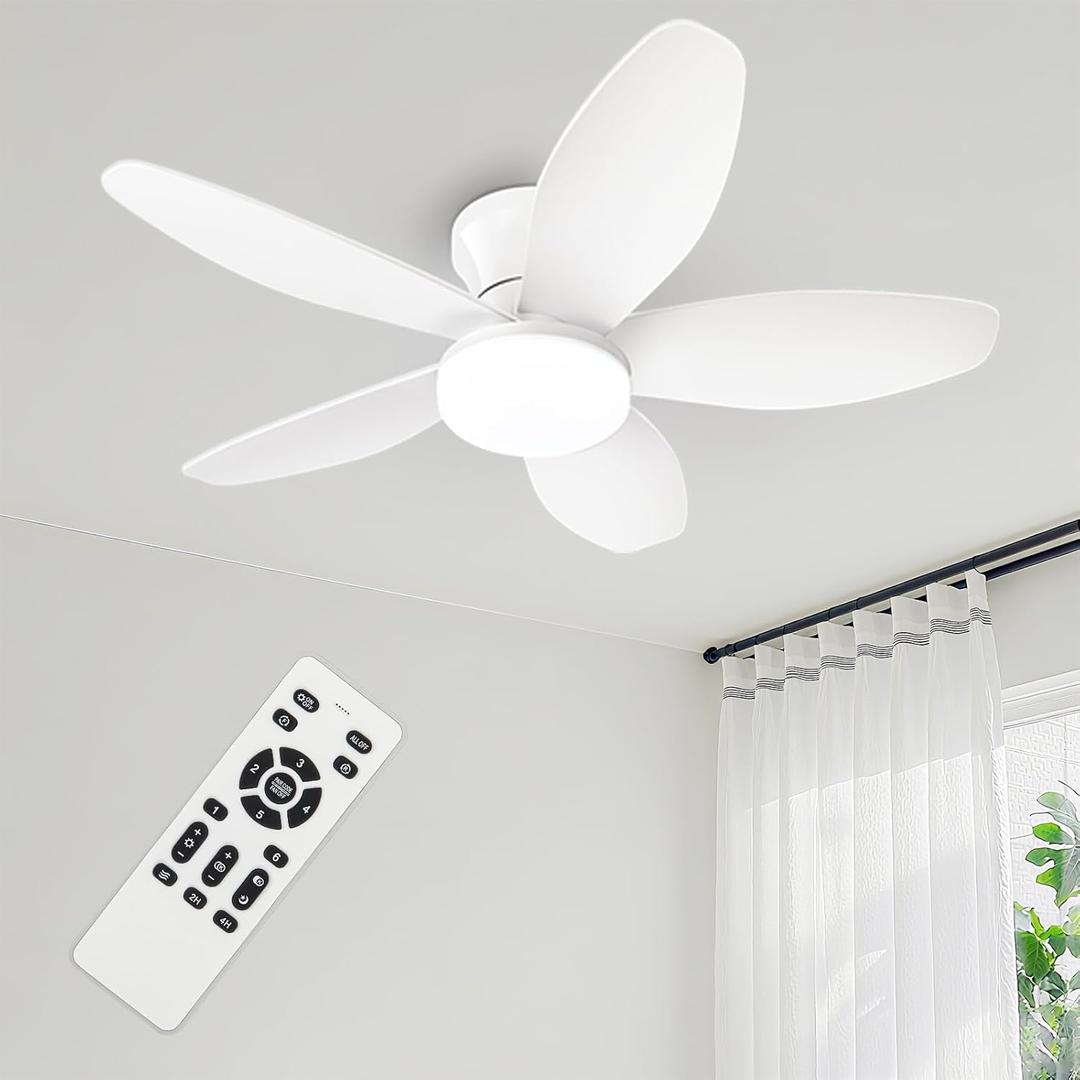 Small Ceiling Fans, 35 Inch Low Profile Ceiling Fan White Flush Mount Ceiling Fans with Lights and Remote,with 5 Reversible Blades 6 Wind Speeds, Modern Ceiling Fan for Bedroom Kitchen