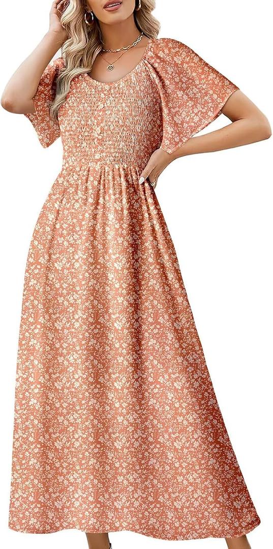 Dokotoo Womens Dresses 2025 Square Neck Tie Backless Summer Dresses Cap Sleeve Floral Buttoned Empire Waist Maxi Dress (M)