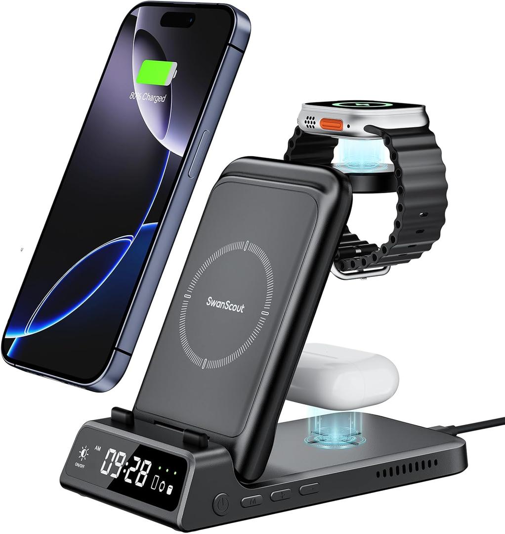 Wireless Charger for iPhone, SwanScout 703A, 3-in-1 Charging Station for iPhone 16e/16 Pro Max/16 Pro/15/14/13 Series, Charging Stand for Apple Watch Ultra 2/10/9/8/7/Air Pods, No Adapter (Black)