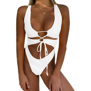 CHYRII Women's Sexy Cutout Lace Up Backless High Cut One Piece Swimsuit Monokini (Medium, White)