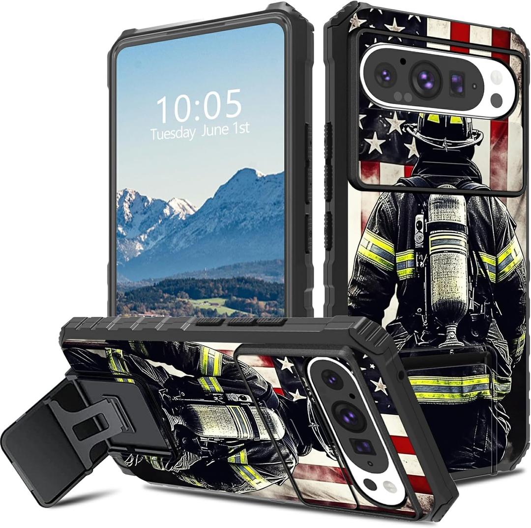 for Google Pixel 9 Pro/Pixel 9 Case with Stand & Camera Cover Hybrid Dual Layer Heavy Duty Shockproof Protective Case for Pixel 9 Pro/Pixel 9,Fire-Fighter