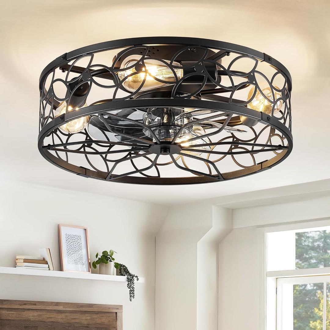LEDIARY Caged Ceiling Fans with Lights, Black Flush Mount Ceiling Fan with Remote&App, Small Low Profile Bladeless Ceiling Fan Light Fixture for Bedroom, Kitchen, Dining Room.