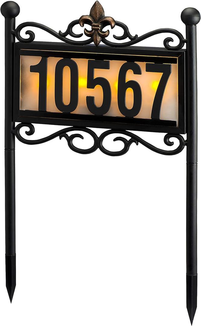 Natures Mark Solar Power Lighted House Numbers Address Stake Sign - LED Illuminated Outdoor Metal Light Up House Number Sign Decor for Home Yard Street (Metal Stake)