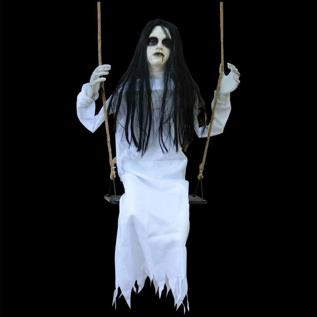 PartyGears Halloween Decorations Props Hanging Swinging Girl with Creepy Expressions, Hanging Ghosts The Best Indoor and Outdoor Decorations for Halloween(White)