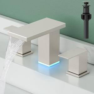 Hoimpro LED Bathroom Faucet 3 Hole Brushed Nickel Waterfall Sink Faucet 8 Inch Widespread Modern Vanity 2 Handle Wide Spread Bath Fixture Light Changing with Pop Up Drain Touch On Three Hole 3 Piece