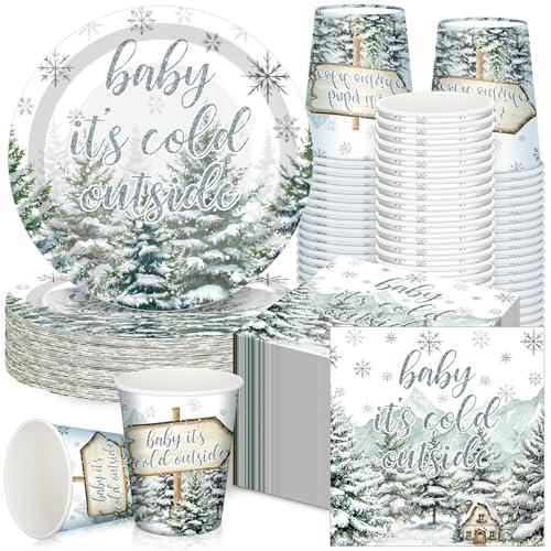 Hushee 200 Pcs Cold Outside Baby Shower Paper Plates Cups Napkins Party Supplies Tableware Set Disposable Cup Napkin for 50 Guest Party Decoration
