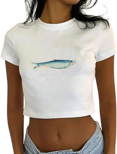 Graphic Baby Tees for Women Y2k Tops Teen Girls Fruit Print Crop Tops Coastal Summer Clothes Vintage Aesthetic T Shirt Large