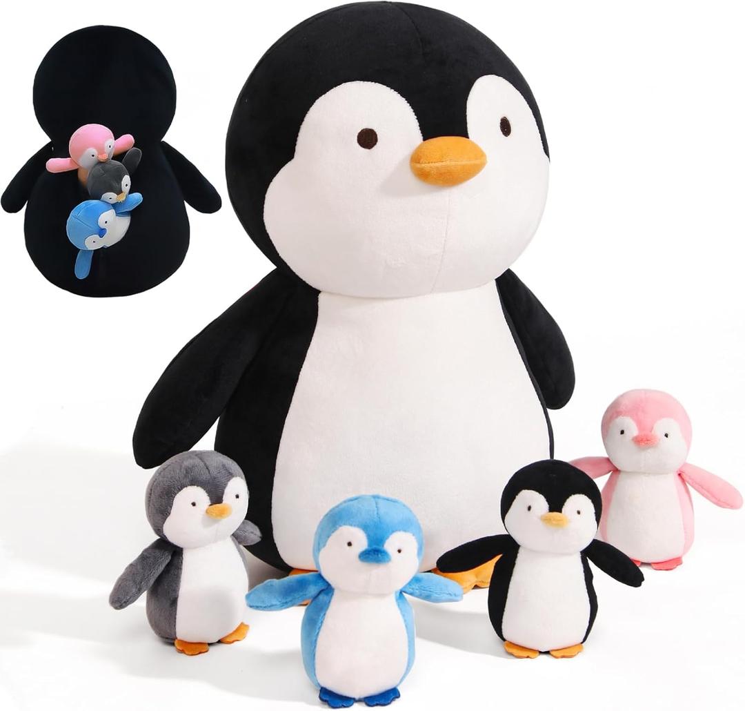 MMguai 5 Pieces Penguin Stuffer Animals Set, Giant 16 Inch Mommy Penguin Plush Toy with 4 Cute Babies Plushies in Her Zippered Tummy, Gifts for Kids Girls Boys, Birthday, Christmas