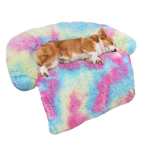 GGIB Calming Dog Bed Fluffy Plush Dog Mat for Furniture Protector with Removable Washable Cover for Large Medium Small Dogs and Cats (Medium, Rainbow)