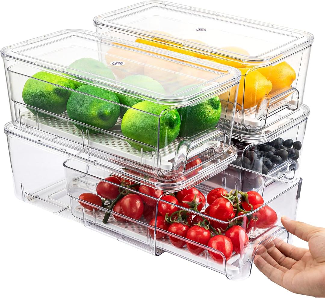Imncya 4 Pack Fridge Organizer Drawers Bins, Clear Stackable Pull Out Refrigerator Drawer Organizer, Fridge Storage Container with Lids for Fruits, Vegetables, Drinks and Food