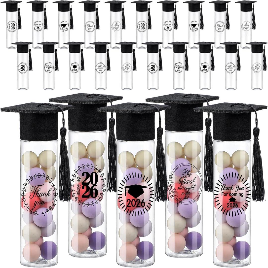 Teenyyou 25 Pcs Graduation Candy Tubes 2026 Graduation Party Favors Candy Boxes Plastic Grad Cap Jars Container with Tassels and Stickers for DIY Grad Table Party Favors (Black)