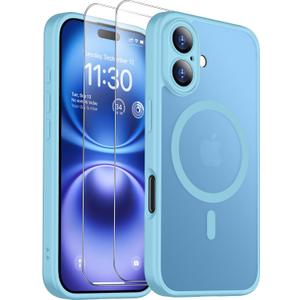 SPIDERCASE Magnetic for iPhone 16 Plus Case,with 2 Pcs [Tempered Glass Screen Protector] Translucent Shockproof Protective Phone Case Home Button Stickers for iPhone 16 Plus 6.7'',Light Blue