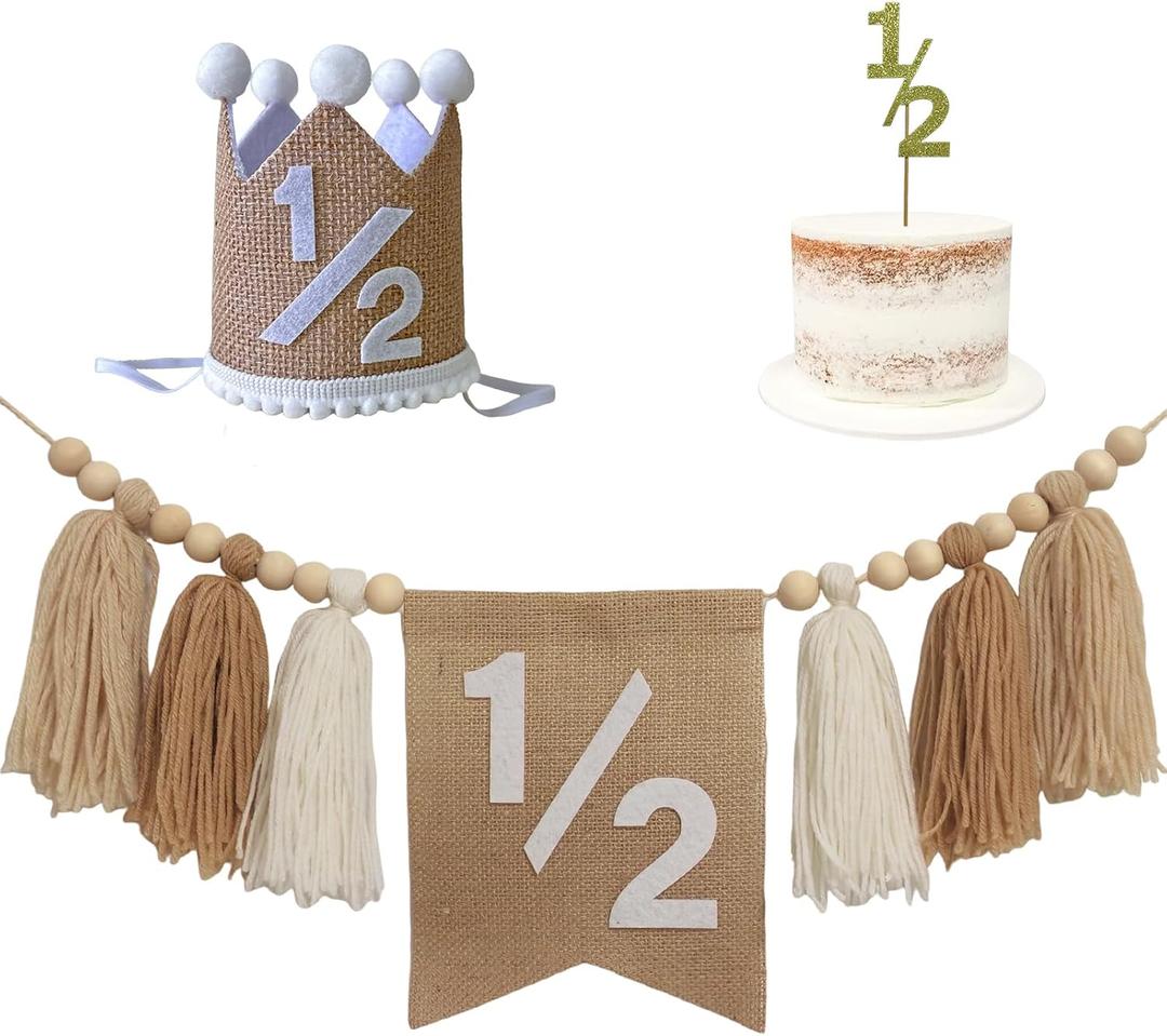 Neutral Half Birthday Decoration Byrlap 1/2 High Chair Banner with Crown Hat and Cake Topper for 6 Months Half Birthday Half Way To One Baby Boy Outfit Supplie