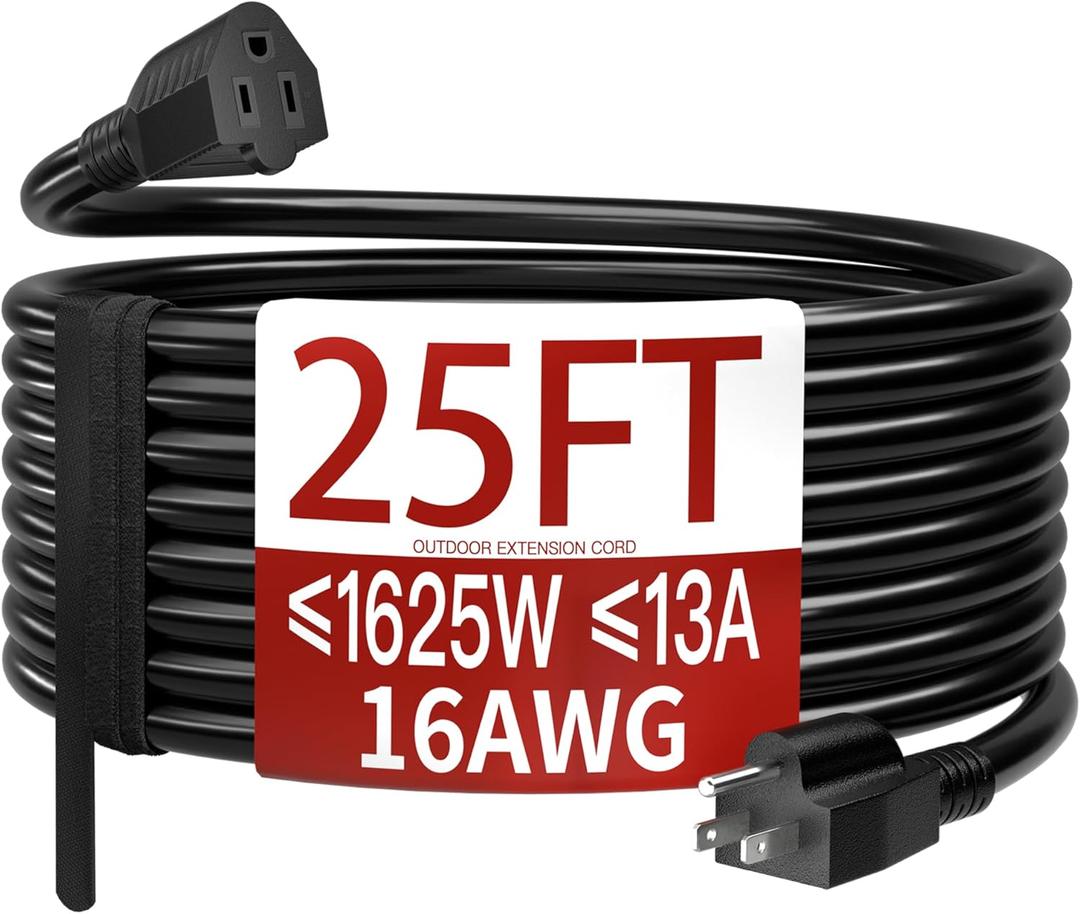 16/3 25 FT Outdoor Extension Cord Waterproof, Weatherproof & Flame Retardant Black 3 Prong Power Cord Outside for Lawn & Garden, 13 Amps 1625 Watts 125 VAC 16AWG SJTW, ETL Listed