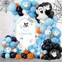 AIBIIN Halloween Little Boo Baby Shower Decorations for Boy A Little Boo is Almost Due Banner Blue and Black Balloons Set Blue Spider Web Party Decor Ghost Halloween Party Decorations