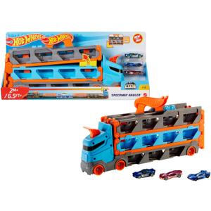Hot Wheels - Speedway Hauler Storage Carrier with 3 1:64 Scale Cars & Convertible 6-Foot Drag Race Track for Kids 4 to 8 Years Old, Stores 20+ Cars & Connects to Other Playsets, HGH33