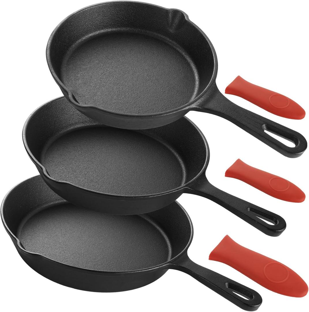 QTLCOHD 3 Pcs Cast Iron Skillet Set, 6, 8, 10 Inch Non Stick Cast Iron Frying Pans with Heat-Resistant Handles for Stove, Oven, Grill & Campfire, Black