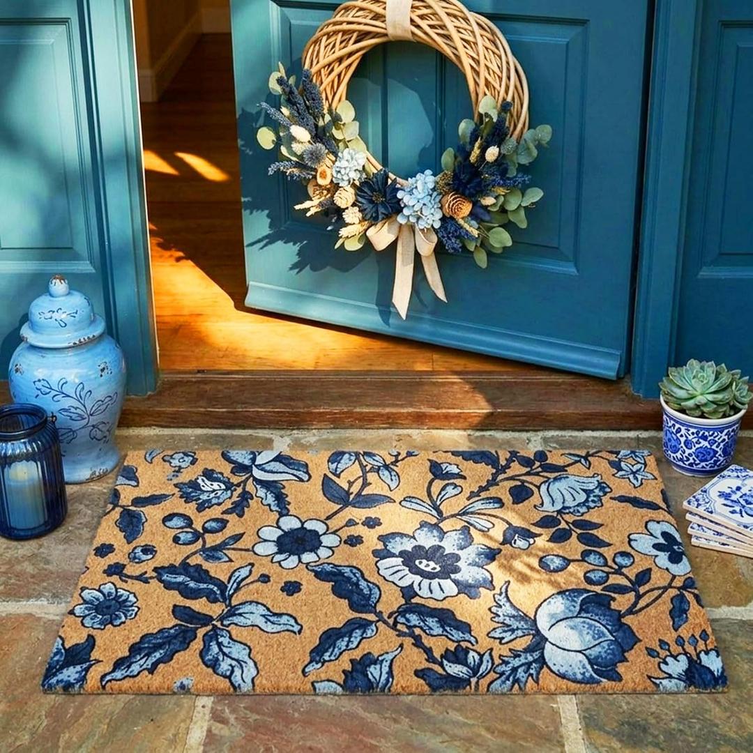 Jenaai Summer Mat, Floral Vintage Coir Doormat 16 x 29 for Porch, Entryway, Non-Slip, Elegant Blue Floral Design