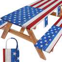 Picnic Table Cover with Bench Covers Waterproof Rectangle Tablecloth Camping Essentials Supplies Rv Travel Gear Must Haves Accessories Fitted Table Cloth Outdoor Road Trip Camper Gifts American Flag