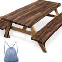 Picnic Table Cover with Bench Covers Elastic Edges, Brown Wood Fitted Table Cover, Outdoor Patio Camping Essentials 60 Inch 3PCS, Waterproof Camping Fitted Tablecloth with Drawstring Bag