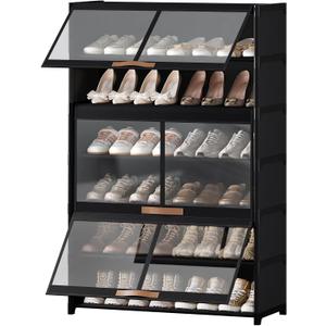 Shoe Rack, 7 Tier Shoe Storage Cabinet with Doors, 28 Pair Shoe Shelves Organizer for Entryway Closet, Plastic Shoe Shelf with Metal Frame for Bedroom Hallway, Black