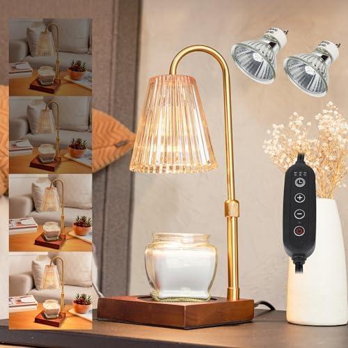 Candle Warmer Lamp with Timer, Dimmer & Adjustable Height, Scented Wax Melter, Housewarming, Birthday, Ideal Easter & Spring Decorations for Home, Modern Décor, Wooden Base