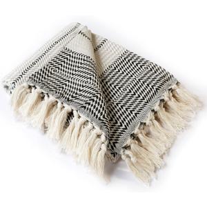 Peshtemania Premium Cotton Boho Throw Blanket |50x60| Grey Black and White Throw Blankets for Bed Sofa Couch Outdoor Farmhouse Turkish Throws Blankets for Sofa Bedroom Picnic Blankets Yoga (Off White, Black, Grey)