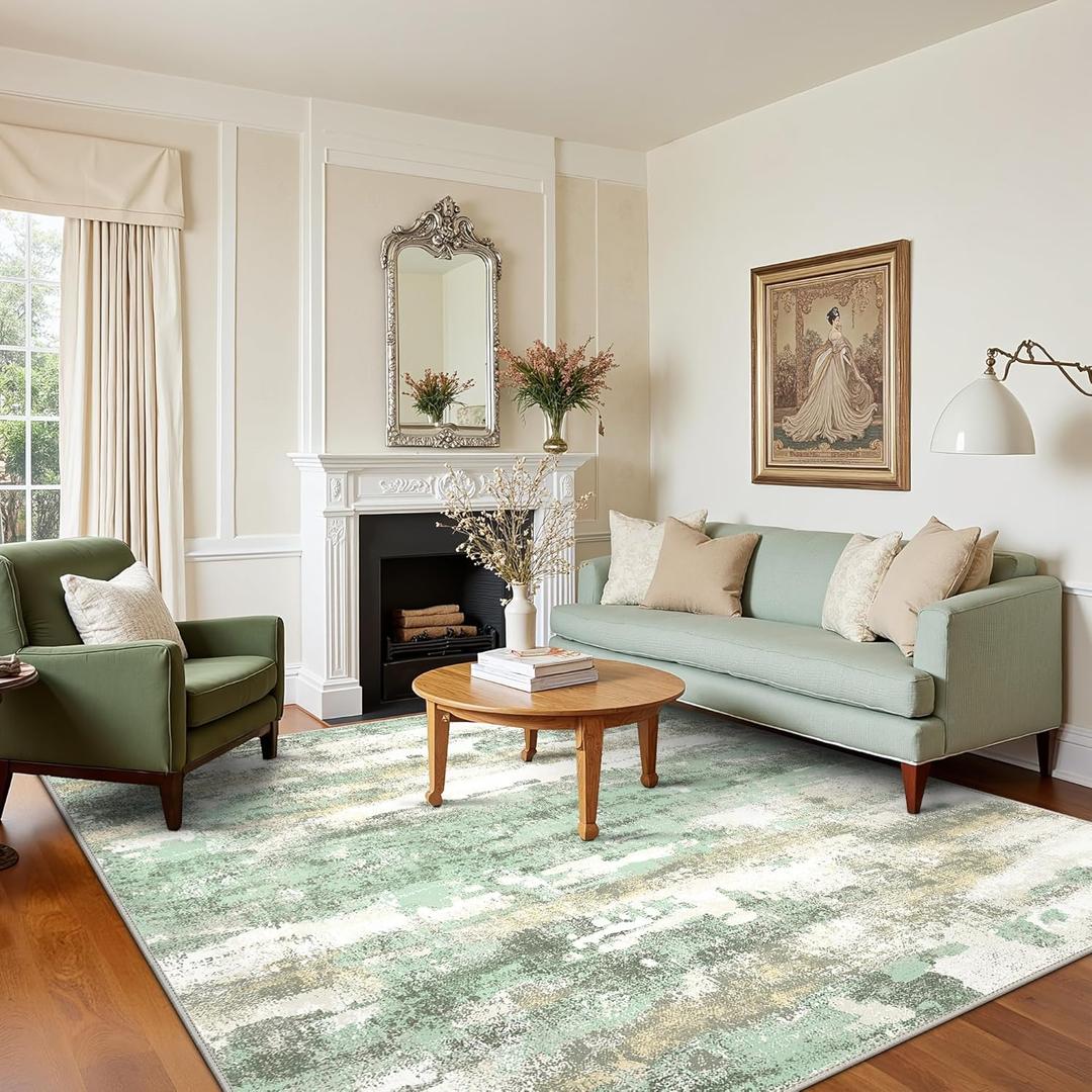 Area Rugs 6x9 for Living Room Bedroom, Modern Abstract Machine Washable Large Green Rug Soft Rug, Low Pile Floor Carpet with Non Slip Backing for Dining Room