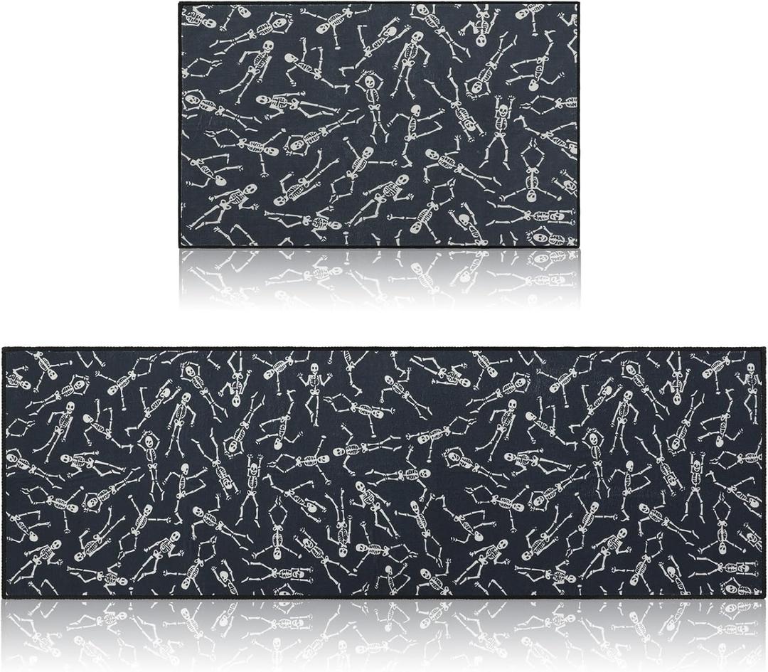 2 Set of Halloween Kitchen Mat 20x60 and 20x30 Inch Black Dancing Skeleton Kitchen Rug Non-Slip Washable Rug for Halloween Home Decor