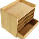 KKTONER 5-Tier Bamboo Desk Organizer with Drawer Tabletop File Organizer Document Holder with Shelf Desktop Cabinet for Home Office School Supplies (Natural)