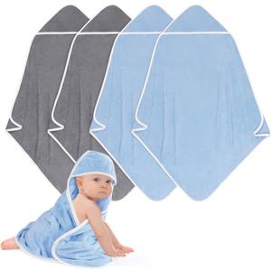 UNIMADE Hooded Towel for Newborn, 4 Pack Soft Coral Fleece Baby Towels, Ultra Absorbent Bath Cloths Bulk for Infants, Toddlers, Newborn Essential- 30 x 30 inch - Grey & Blue