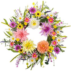 Artificial Spring Wreath 22 Inch Floral Wreaths for Front Door Spring Summer Wreath with Dahlia Daisy Flowers for Indoor Porch Wall Springtime Holidays Easter Celebrations